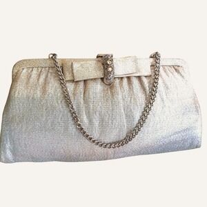 Ande Vintage Gold Metallic Evening Clutch Bag Rhinestone Bow Chain Strap 1950s